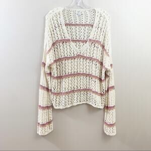 American Eagle Open Knit V-Neck Cream/Lavender/Tan Striped Long Sleeve Top